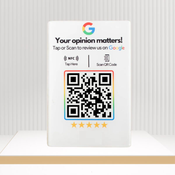 Wooden Google Review NFC Standee - White Printed UV Acrylic for Indoor Use