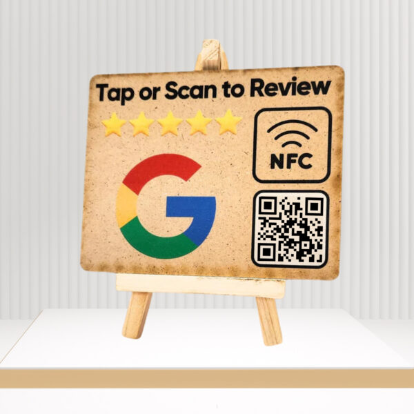 Wooden Google Review NFC Standee with QR Code - Pre-Configured with Wooden Stand